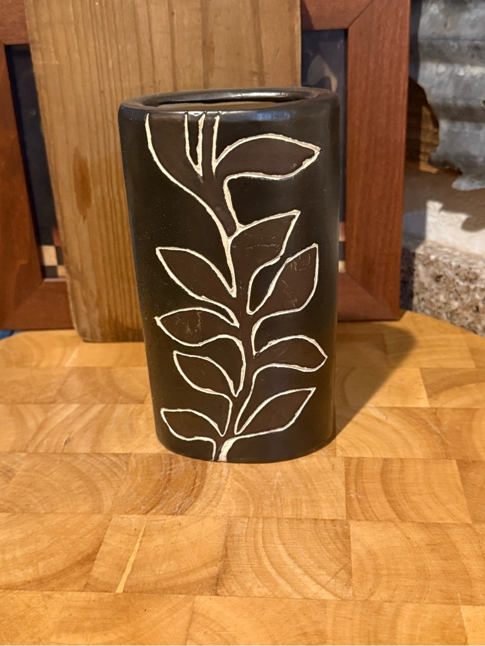 Modern Brown Ceramic Vase with White Botanical Design
